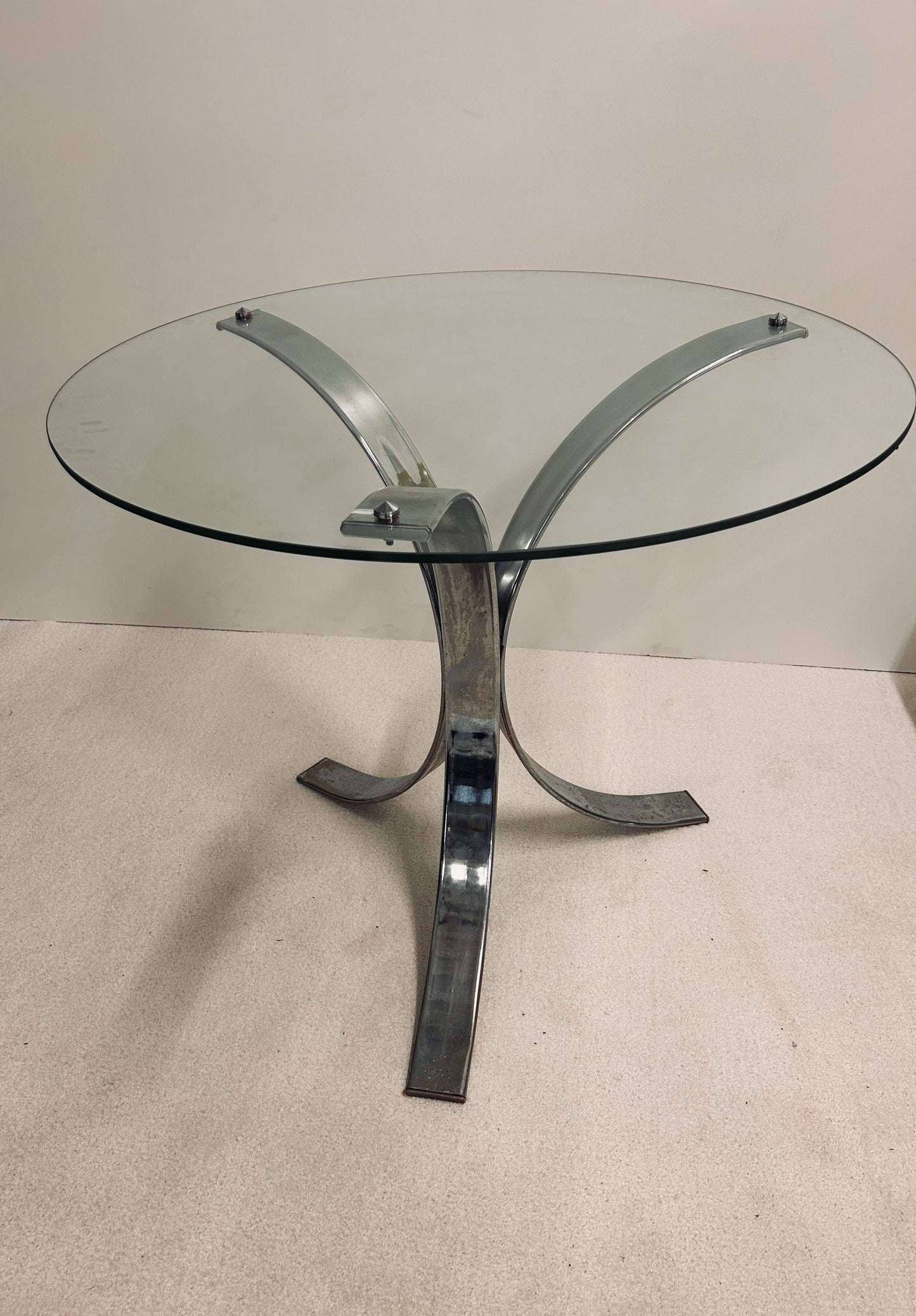Table console verre tripode tulipe chrome, Roche Bobois, 70s