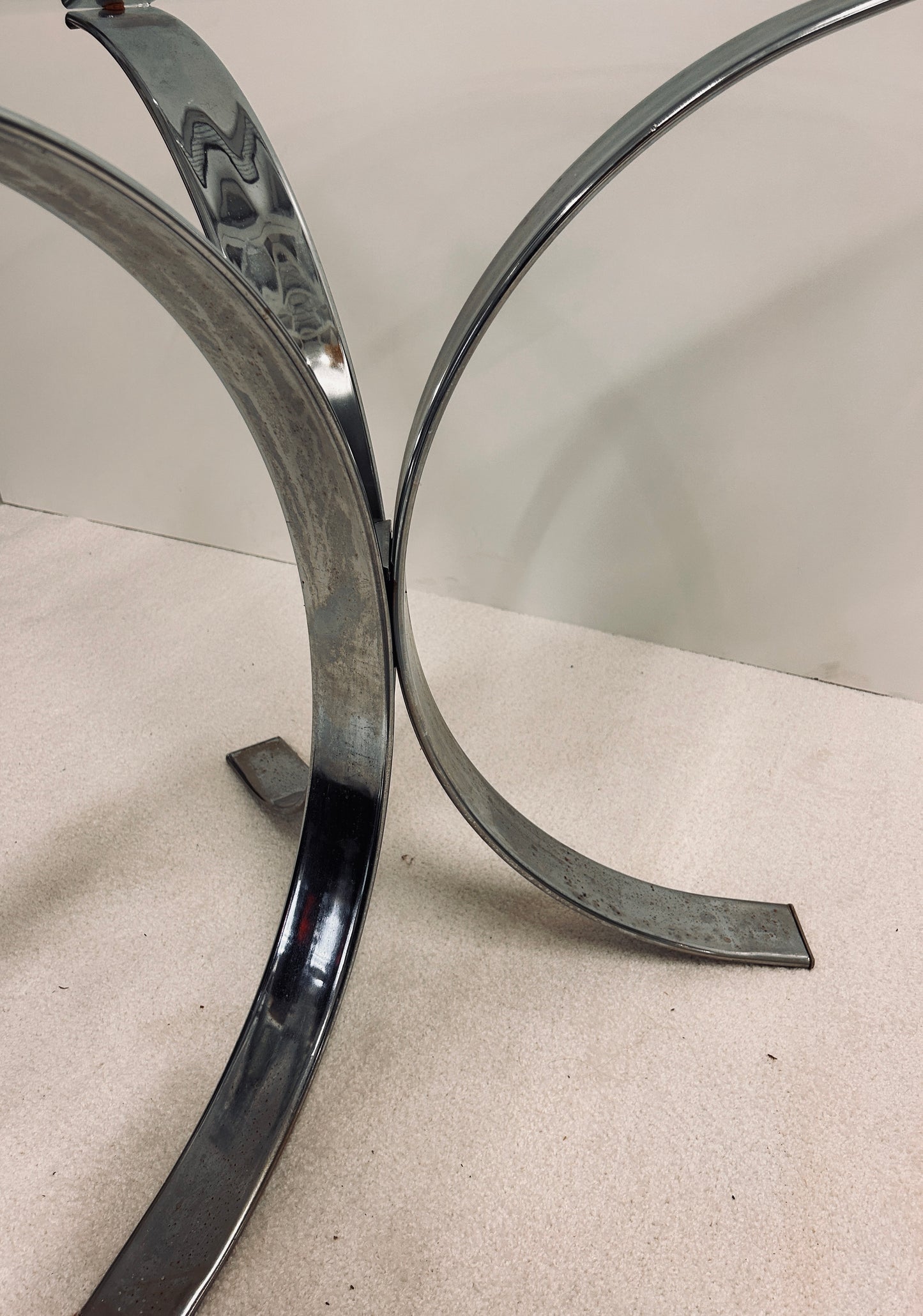 Table console verre tripode tulipe chrome, Roche Bobois, 70s