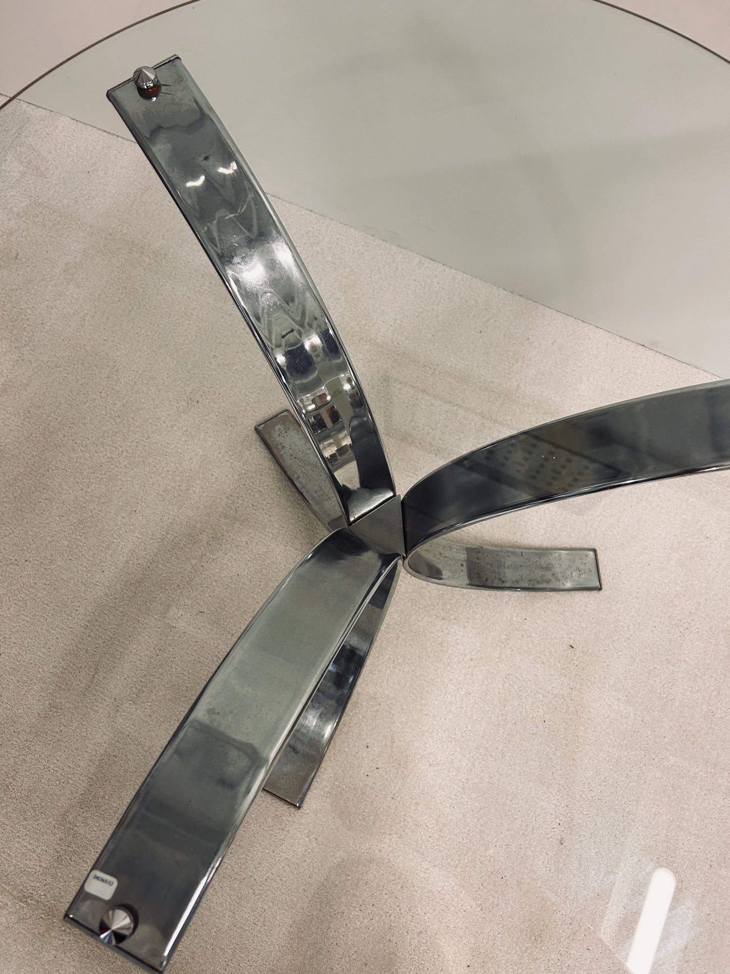 Table console verre tripode tulipe chrome, Roche Bobois, 70s