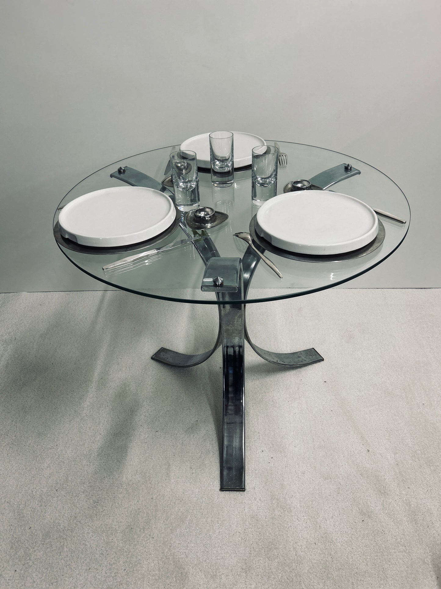 Table console verre tripode tulipe chrome, Roche Bobois, 70s