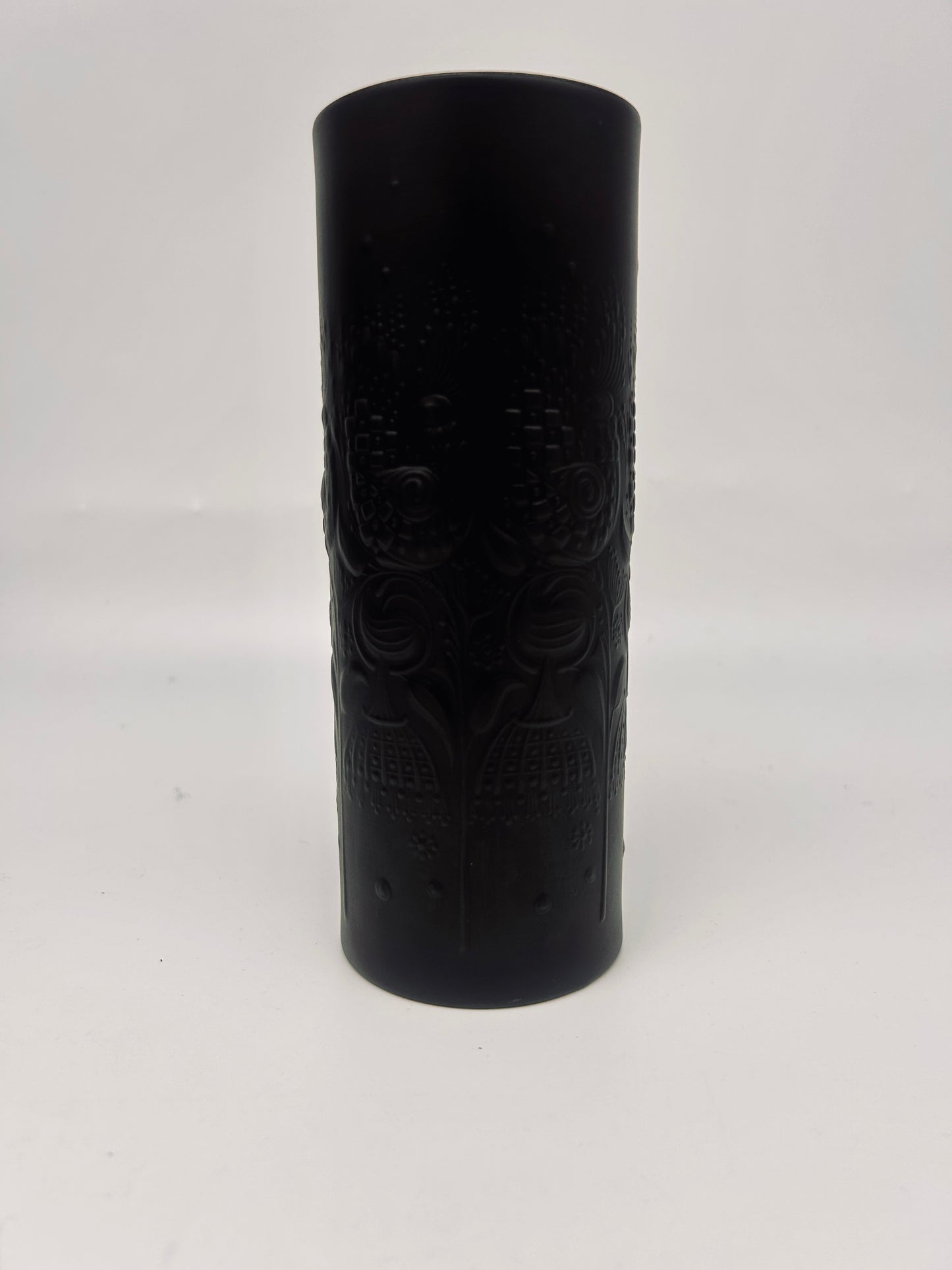 Vase noir mat cylindrique motif nature "La flûte magique", Bjorn Wiinblad, Rosenthal