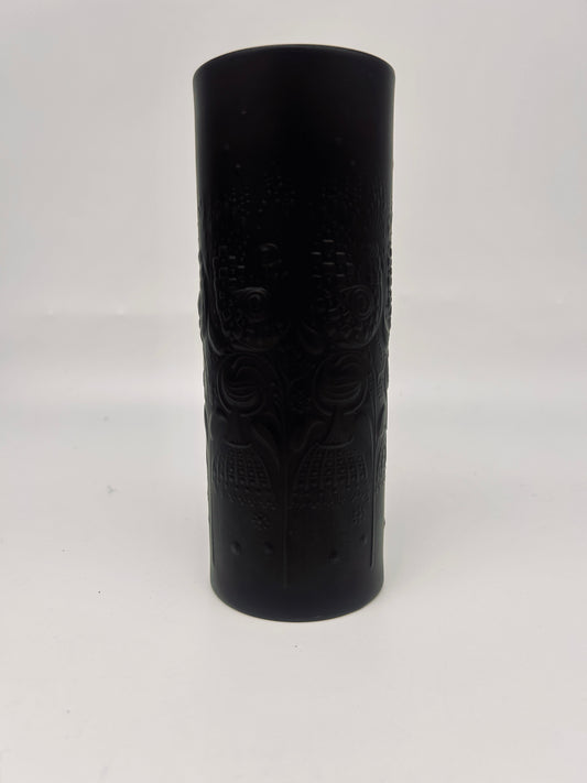 Vase noir mat cylindrique motif nature "La flûte magique", Bjorn Wiinblad, Rosenthal