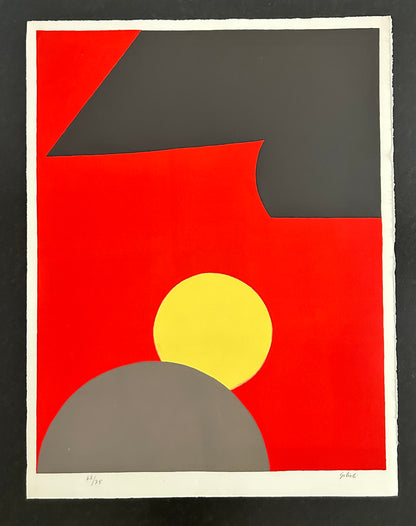 Lithographie, Composition aux ronds gris et jaunes, Gilioli, 70s
