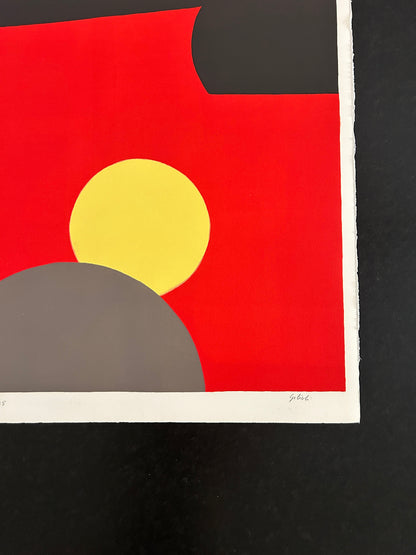 Lithographie, Composition aux ronds gris et jaunes, Gilioli, 70s