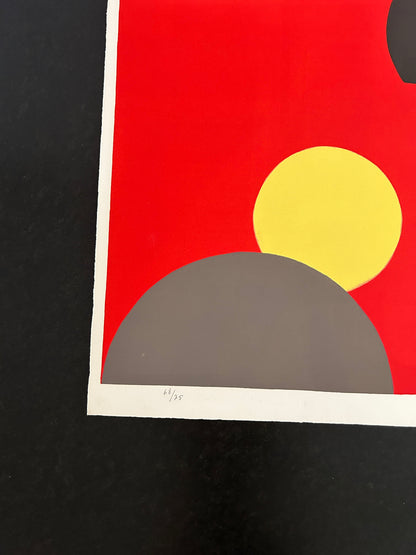 Lithographie, Composition aux ronds gris et jaunes, Gilioli, 70s