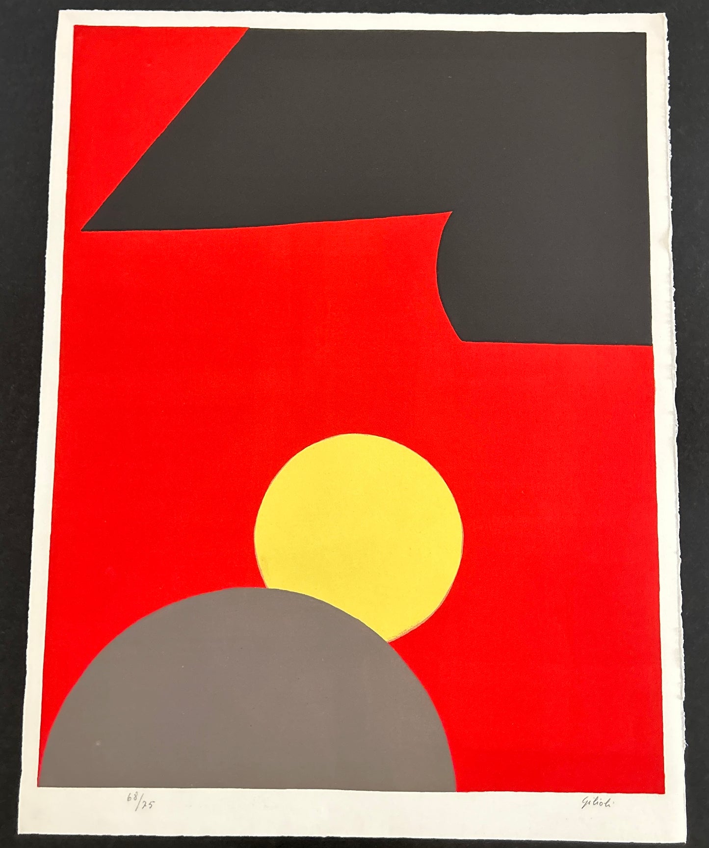 Lithographie, Composition aux ronds gris et jaunes, Gilioli, 70s