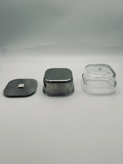 Seau à glace postmoderne, verre et acier, Roberto Sambonet 70s