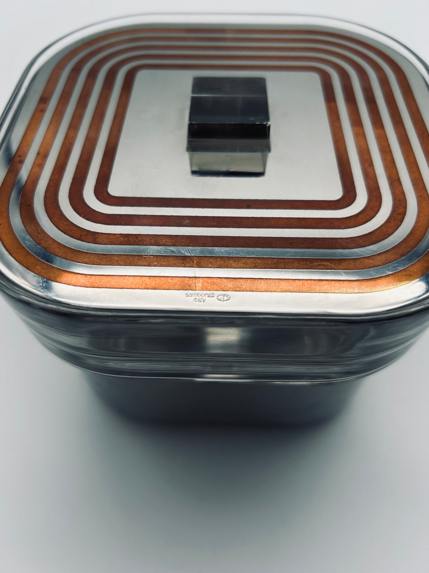 Seau à glace postmoderne, verre et acier, Roberto Sambonet 70s