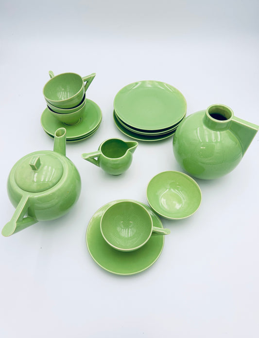 Service à café en céramique émaillée verte, Colette Gueden, Primavera France, 60s