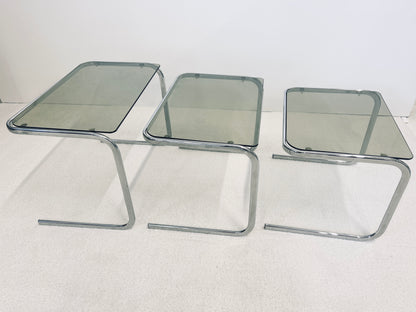 Tables Gigognes Milo Baughman en Chrome et Verre Fumé, 70s
