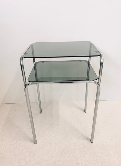 Console double tablette, métal chromé & verre fumé, 70s