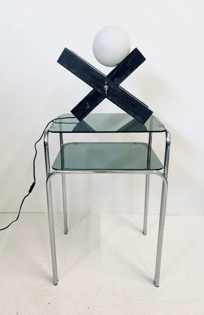 Lampe François Arnal, chêne et verre opalin, Edition atelier A, 70s