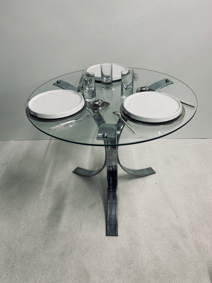 Table console verre tripode tulipe chrome, Roche Bobois, 70s