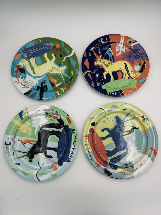 Assiettes pop motif licorne Bopla pour Langenthal, 2000s