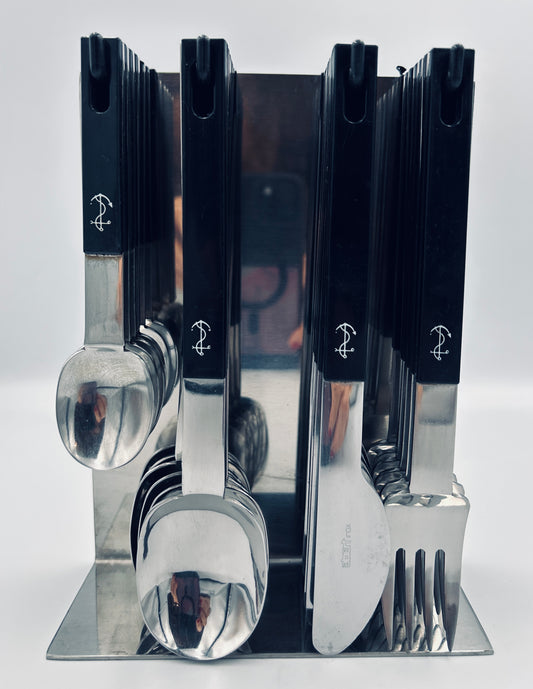 Black hanging cutlery set with nautical anchor logo, Abert, Italy, 1970s