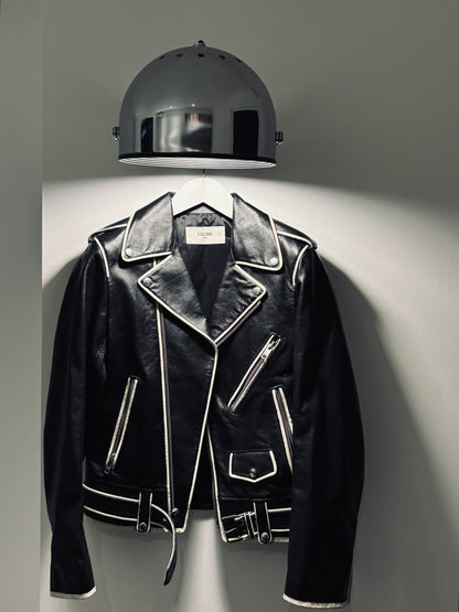 Blouson en cuir à bandes blanches Hedi Slimane, Celine, T36