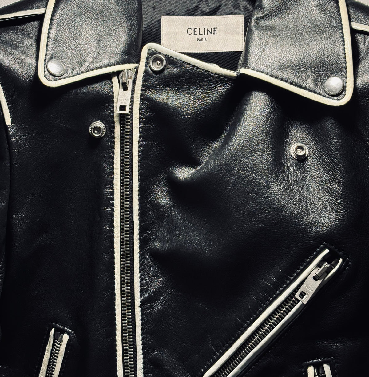 Blouson en cuir à bandes blanches Hedi Slimane, Celine, T36