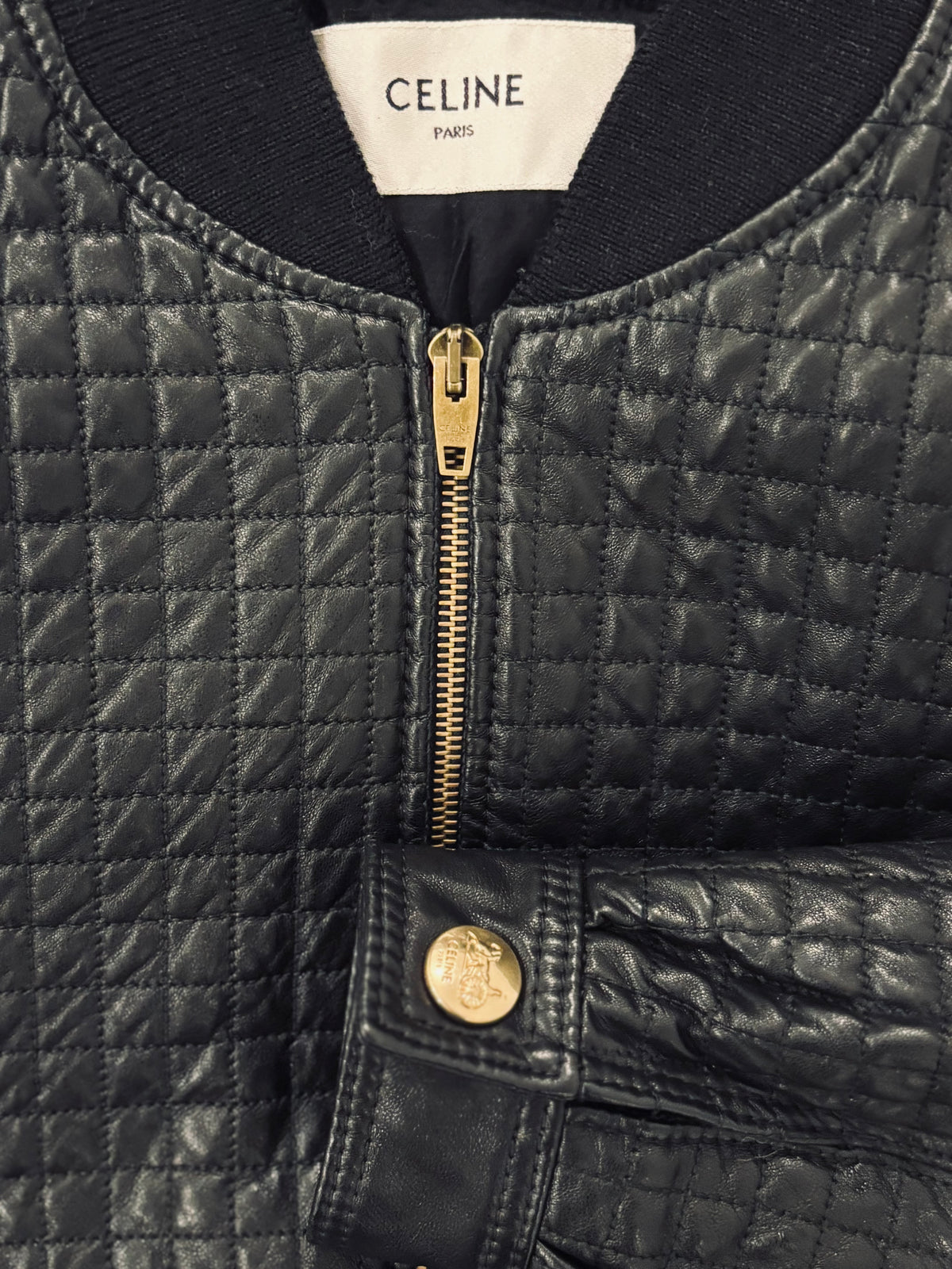 Bomber jacket en cuir noir matelassée Hedi Slimane, Celine, T36