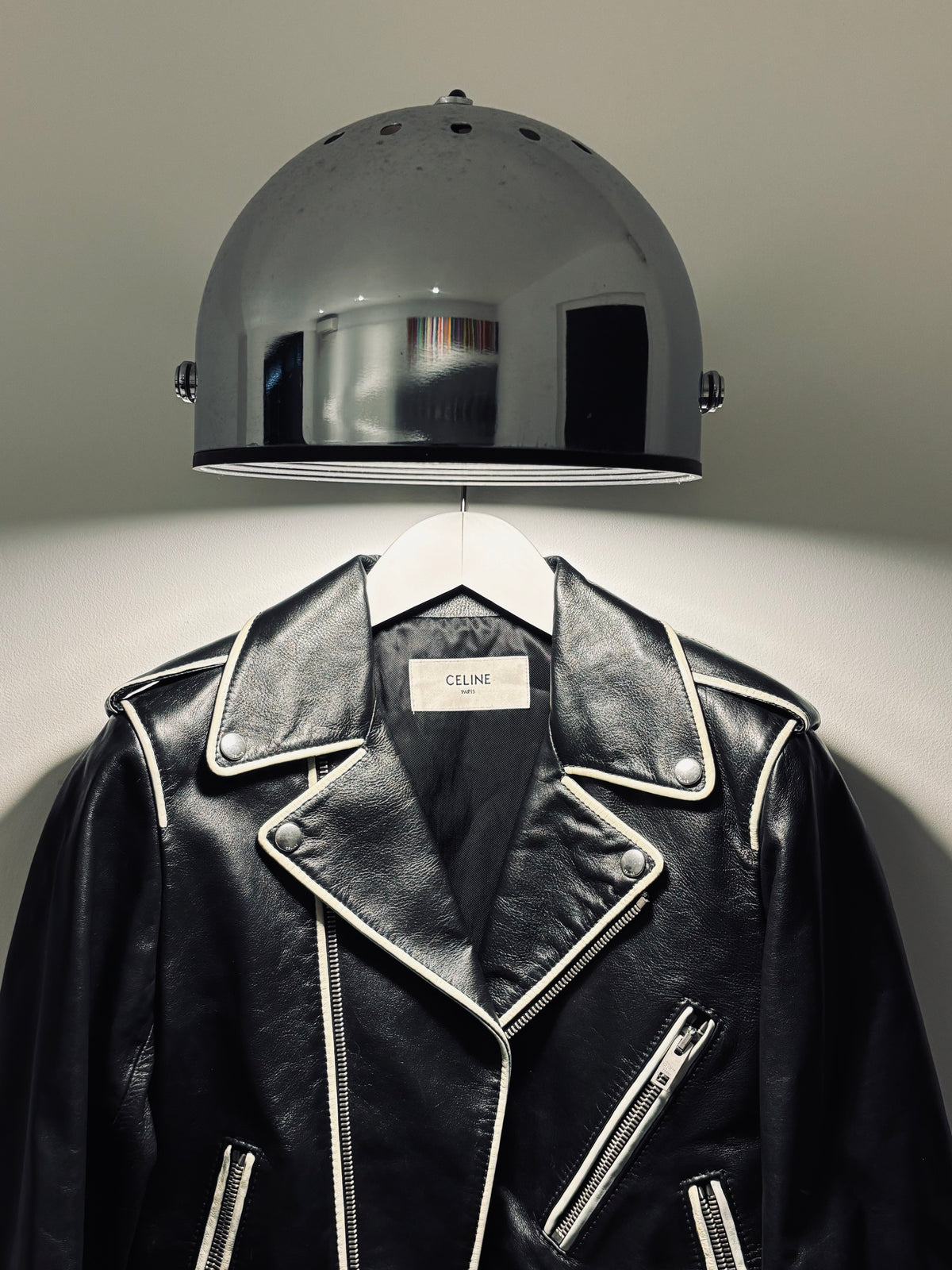 Blouson en cuir à bandes blanches Hedi Slimane, Celine, T36