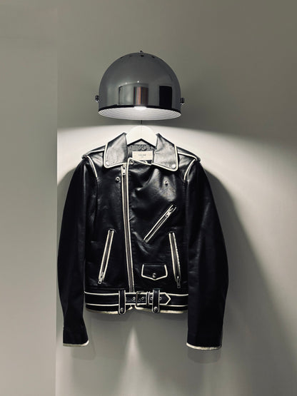 Blouson en cuir à bandes blanches Hedi Slimane, Celine, T36