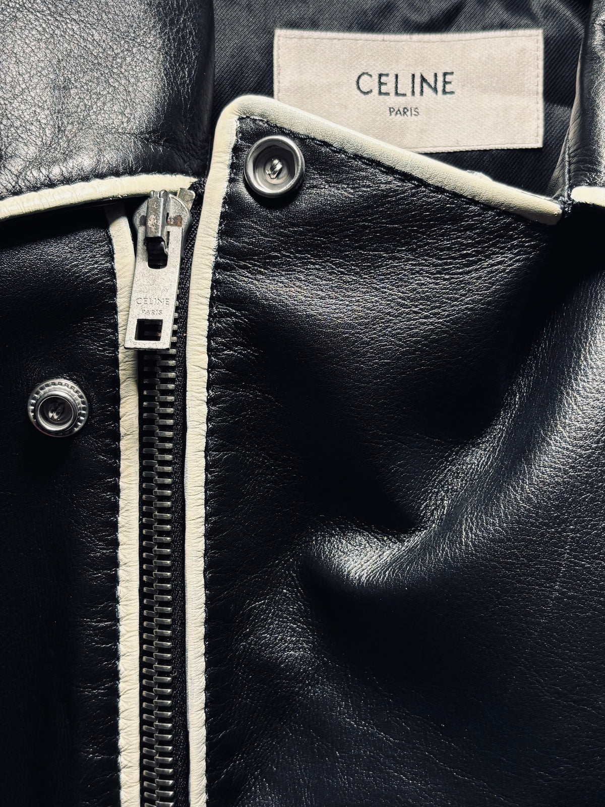 Blouson en cuir à bandes blanches Hedi Slimane, Celine, T36