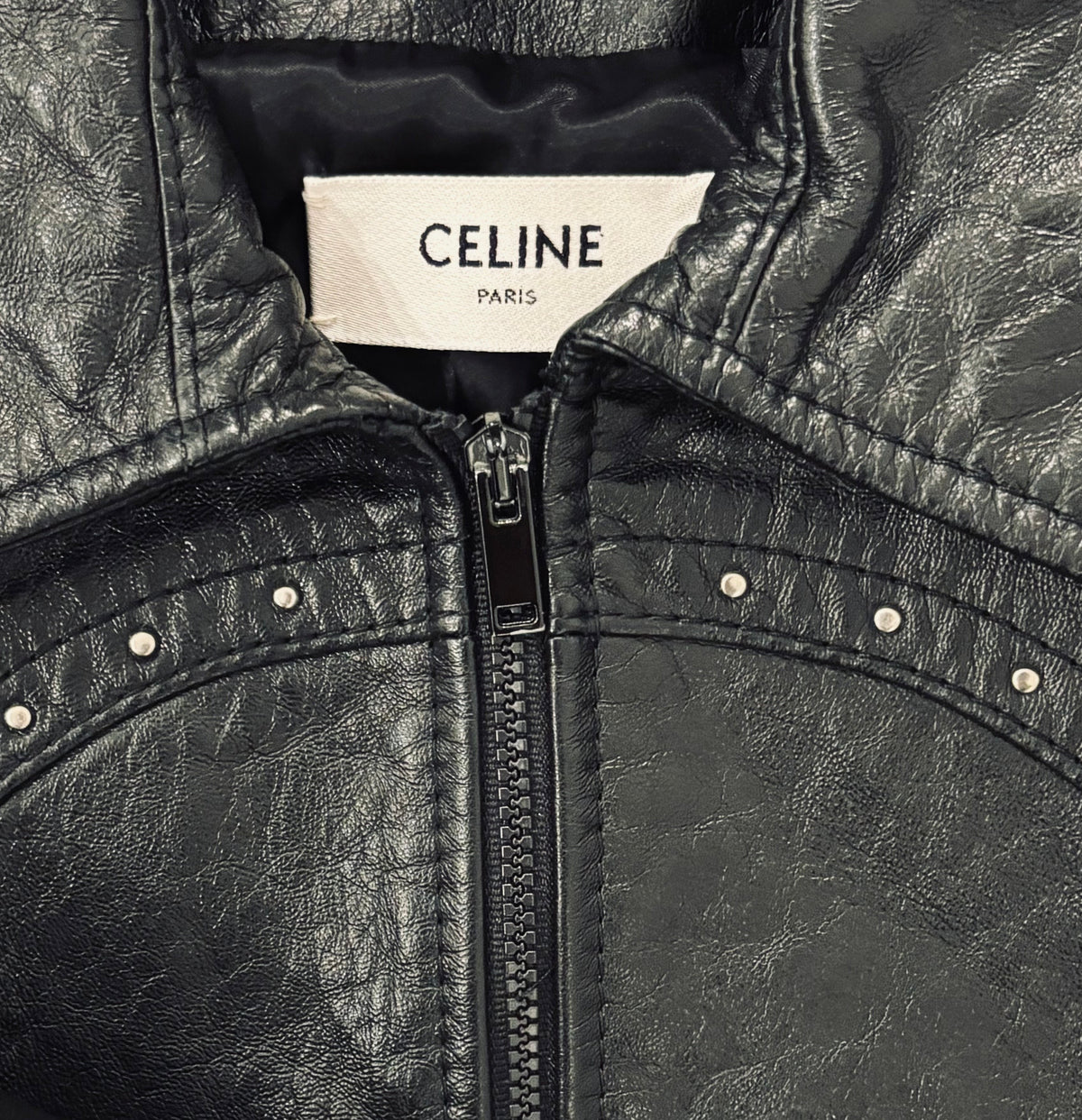 Veste en cuir noir cloutée Celine, T36