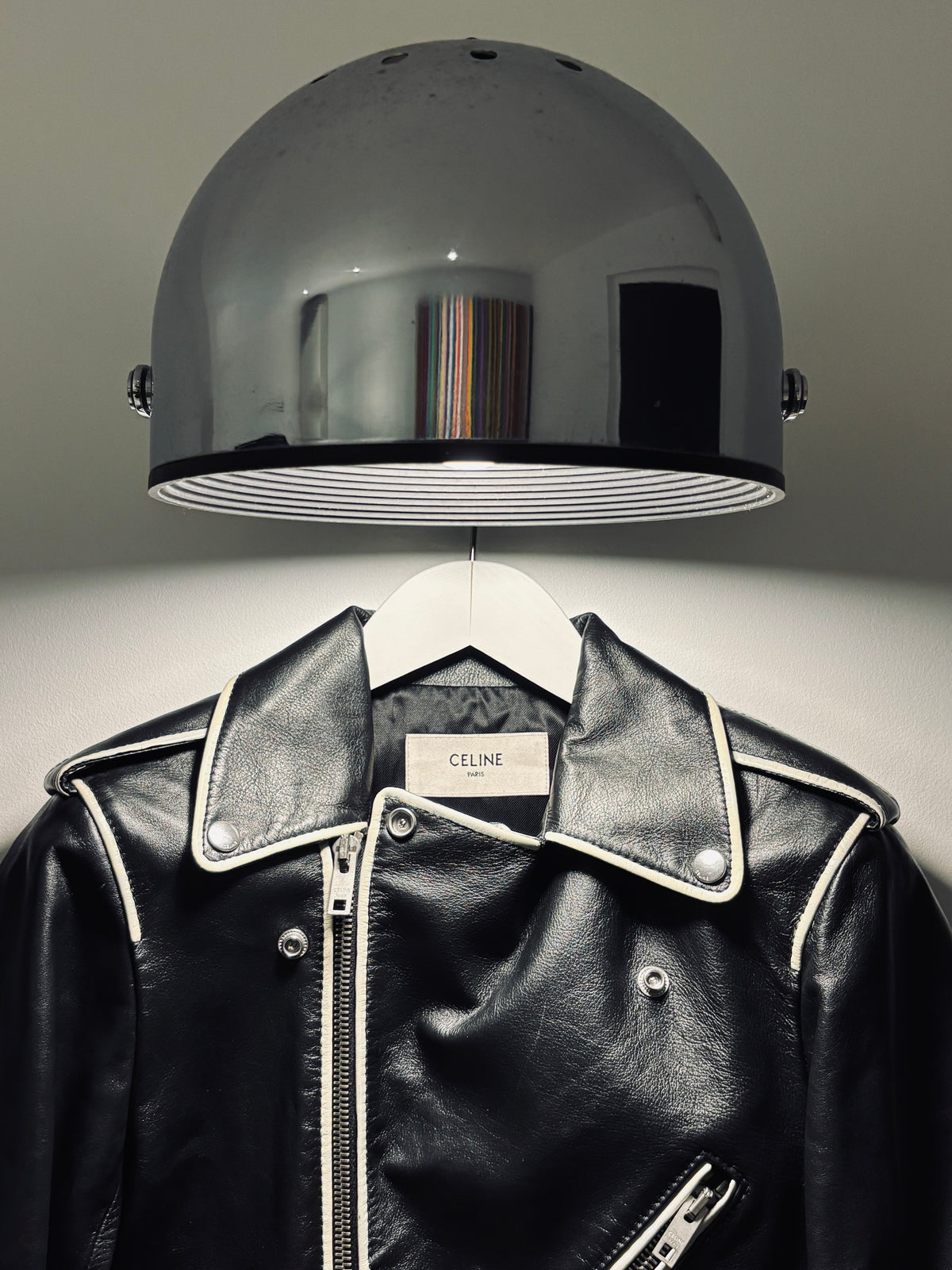 Blouson en cuir à bandes blanches Hedi Slimane, Celine, T36