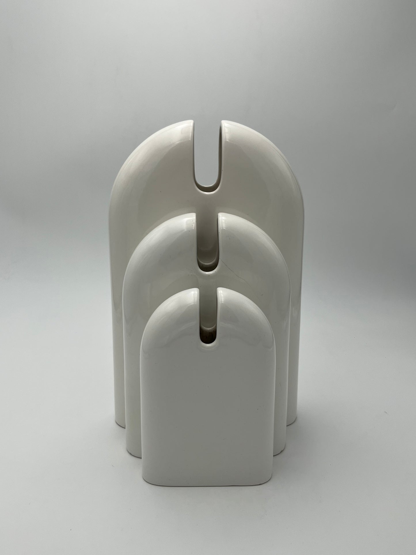 Vases blancs, trio, céramique, Sicart Cartigliano, Pino Spagnolo, Italie, 70s