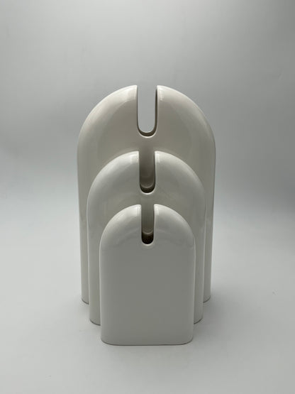 Vases blancs, trio, céramique, Sicart Cartigliano, Pino Spagnolo, Italie, 70s