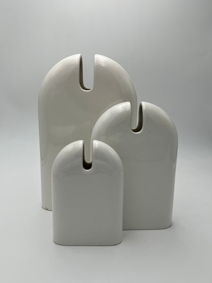 Vases blancs, trio, céramique, Sicart Cartigliano, Pino Spagnolo, Italie, 70s