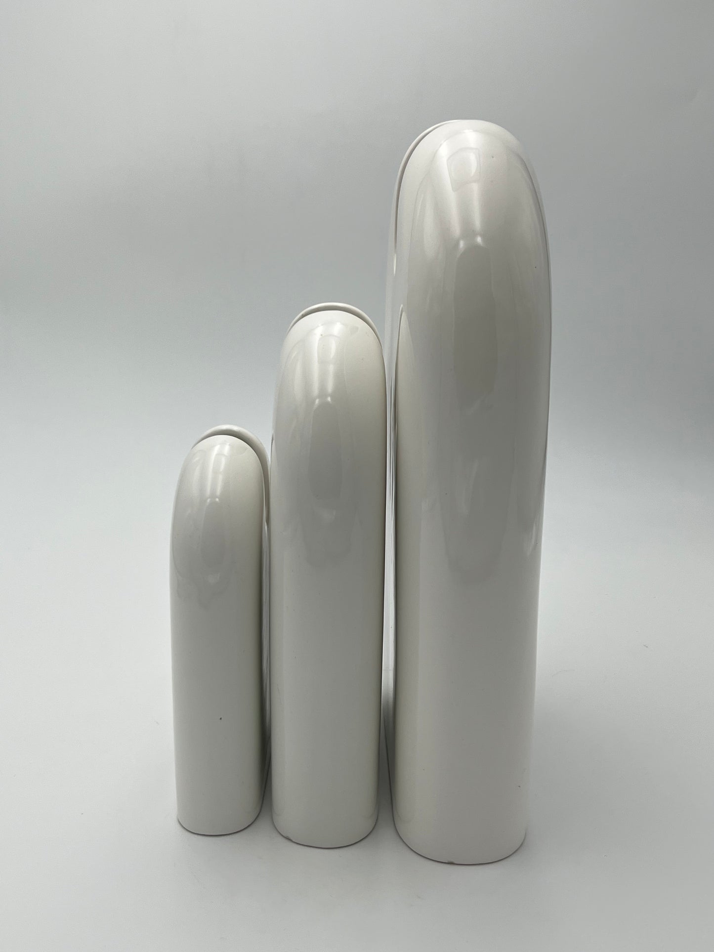 Vases blancs, trio, céramique, Sicart Cartigliano, Pino Spagnolo, Italie, 70s