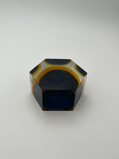 Cendrier octogonal Sommerso Bleu/Jaune, verre de Murano, Flavio Poli, Italie, 60s