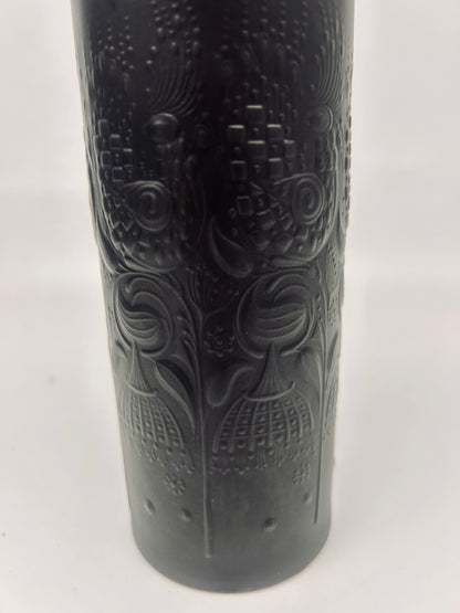 Vase noir mat cylindrique motif nature "La flûte magique", Bjorn Wiinblad, Rosenthal