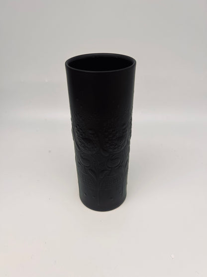 Vase noir mat cylindrique motif nature "La flûte magique", Bjorn Wiinblad, Rosenthal