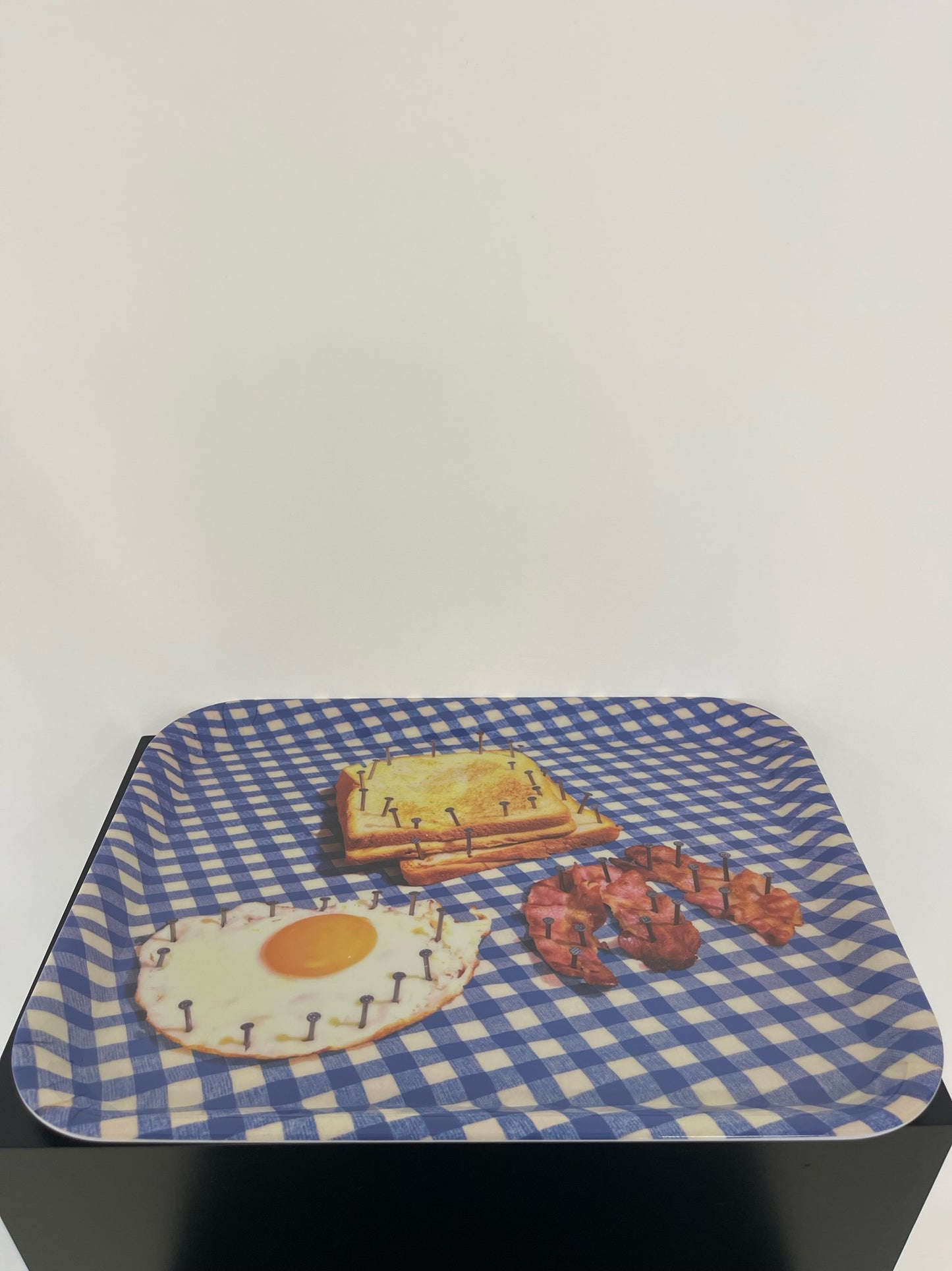 Blue gingham "Breakfast" melamine tray, Toiletpaper, Seletti, Italy, 2000s 