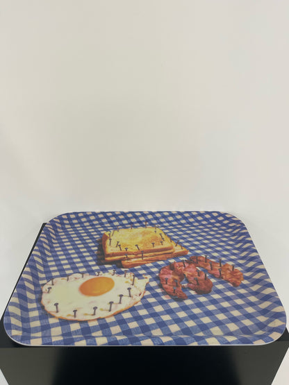 Blue gingham "Breakfast" melamine tray, Toiletpaper, Seletti, Italy, 2000s 