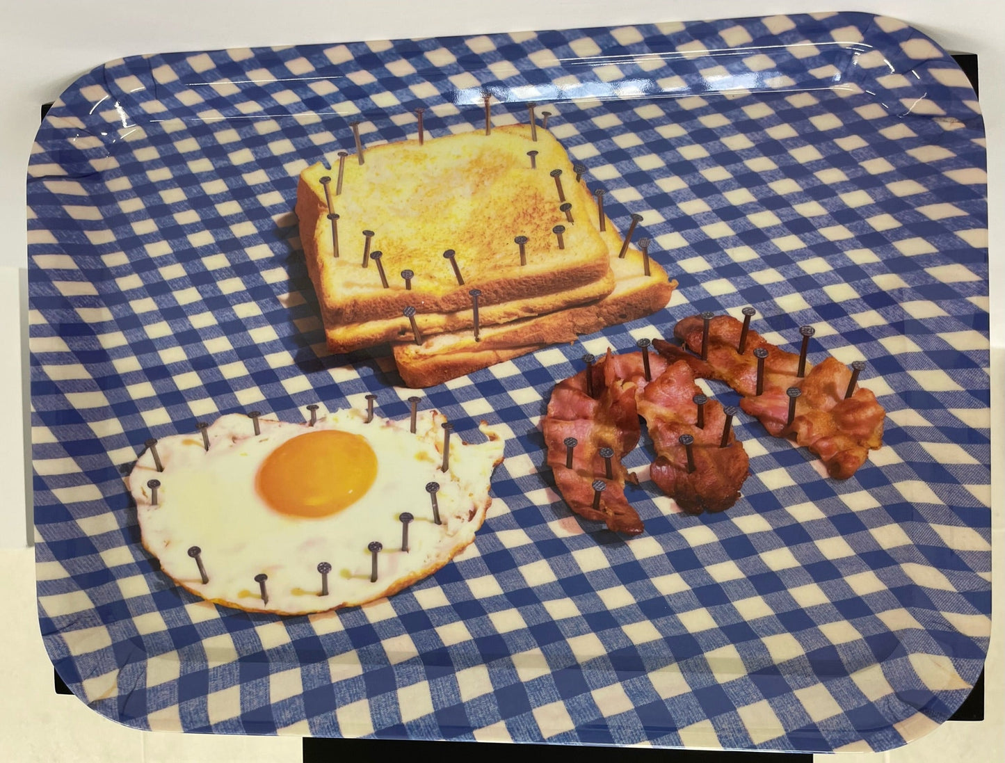 Blue gingham "Breakfast" melamine tray, Toiletpaper, Seletti, Italy, 2000s 